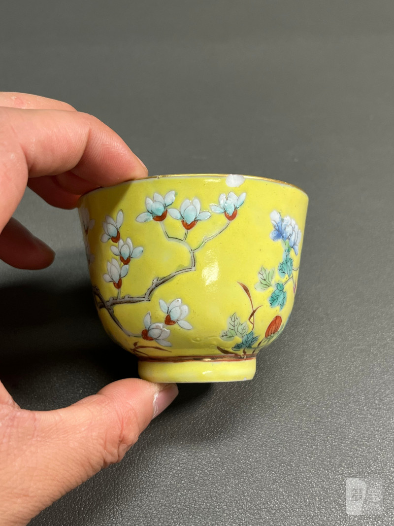 清光绪  黄地粉彩花鸟纹杯 - 图8